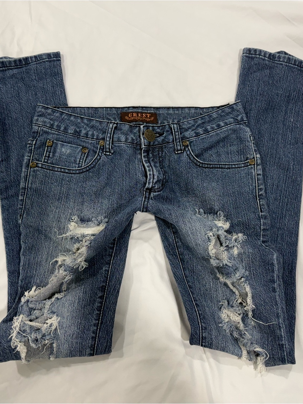 Crest Ripped Dark Blue Skinny Jeans